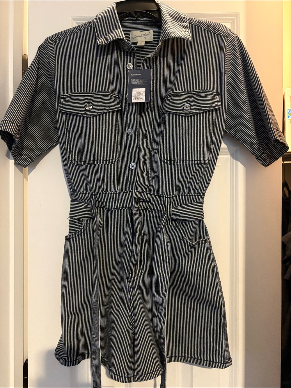 Striped Short-Sleeve Utility Romper - Navy/White universal thread